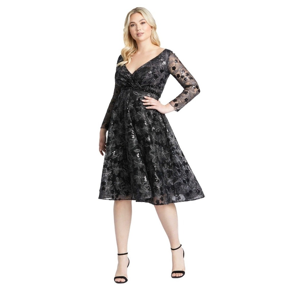 Mac Duggal 67541 Black Long Sleeve Illusion Sequin Embroidered Midi Dress 14W‎